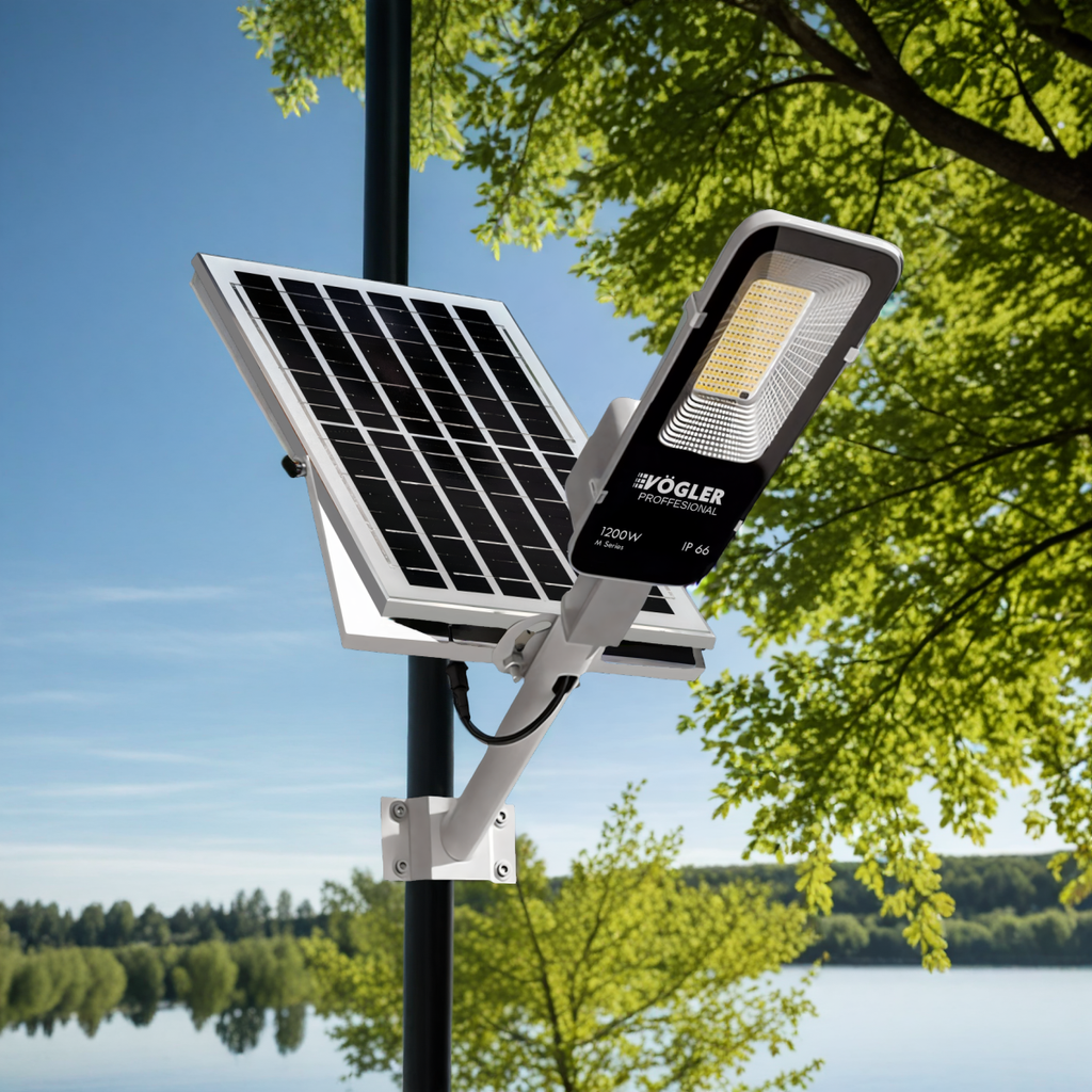 Erőteljes napelemes lámpa, alkonyatérzékelő, távirányító, Vögler Professional 1200W