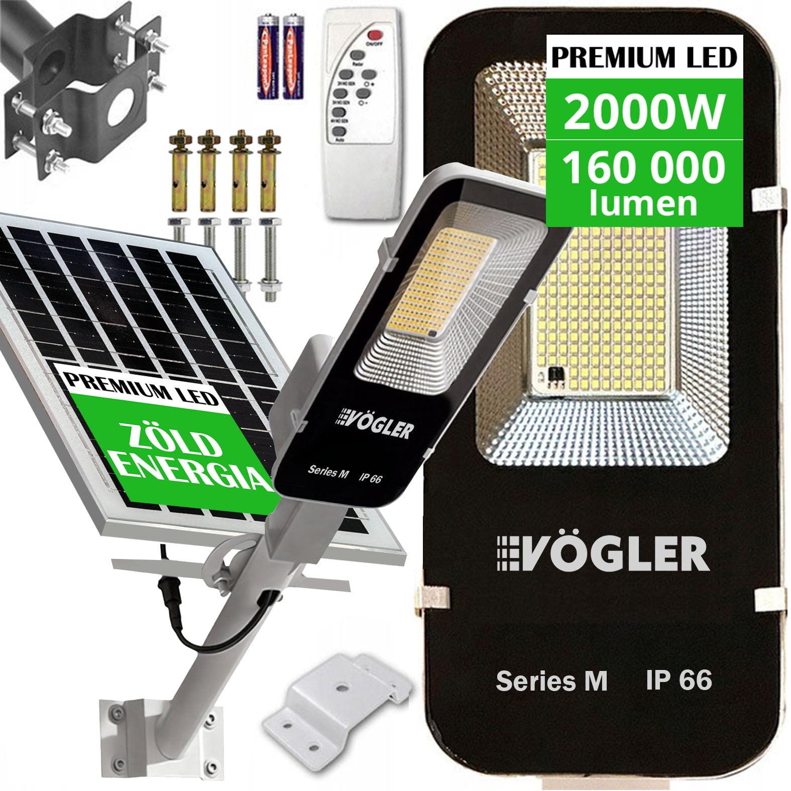 Erős napelemes lámpa, alkonyatérzékelő, távirányító, Vögler Series M 2000W