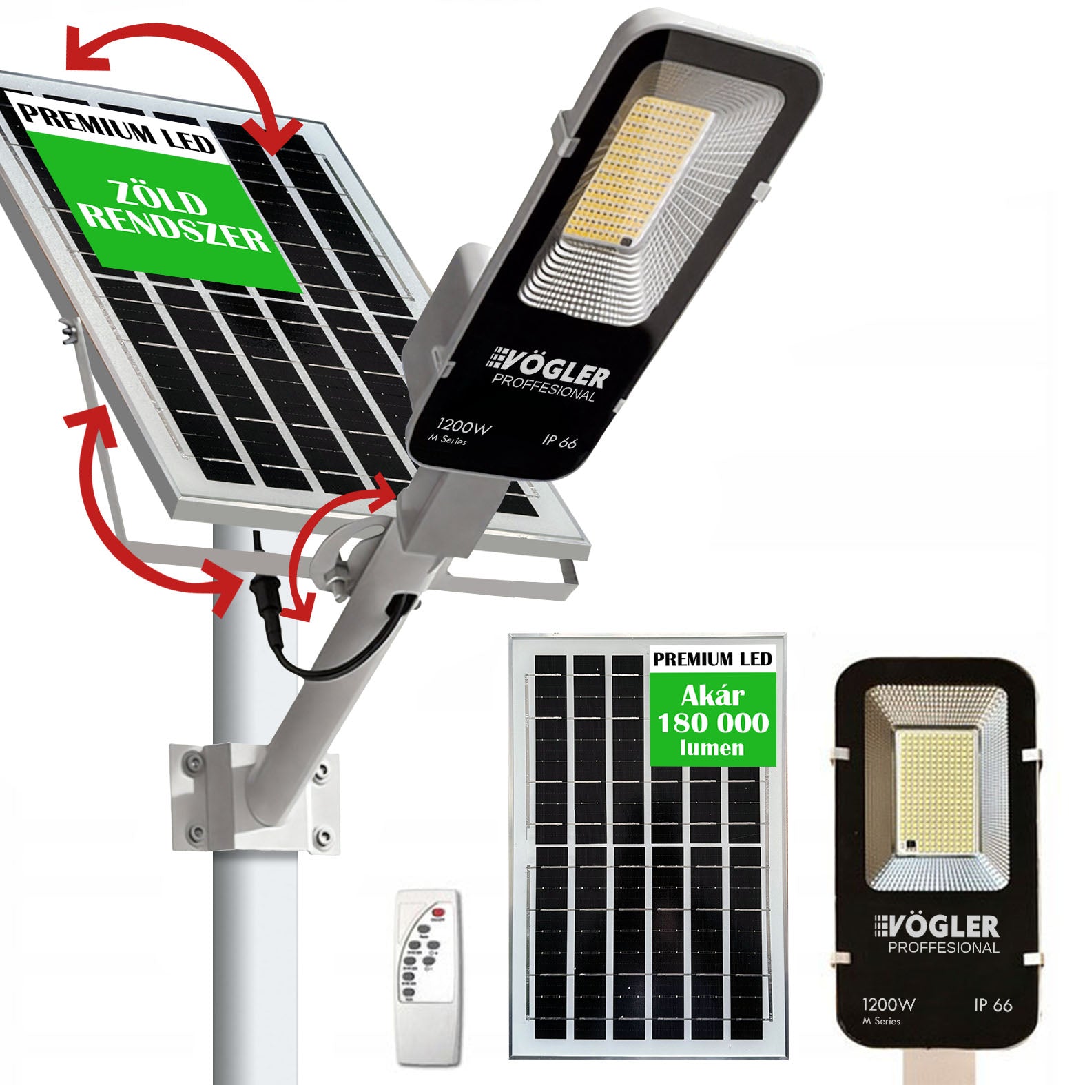 Erőteljes napelemes lámpa, alkonyatérzékelő, távirányító, Vögler Professional 1200W