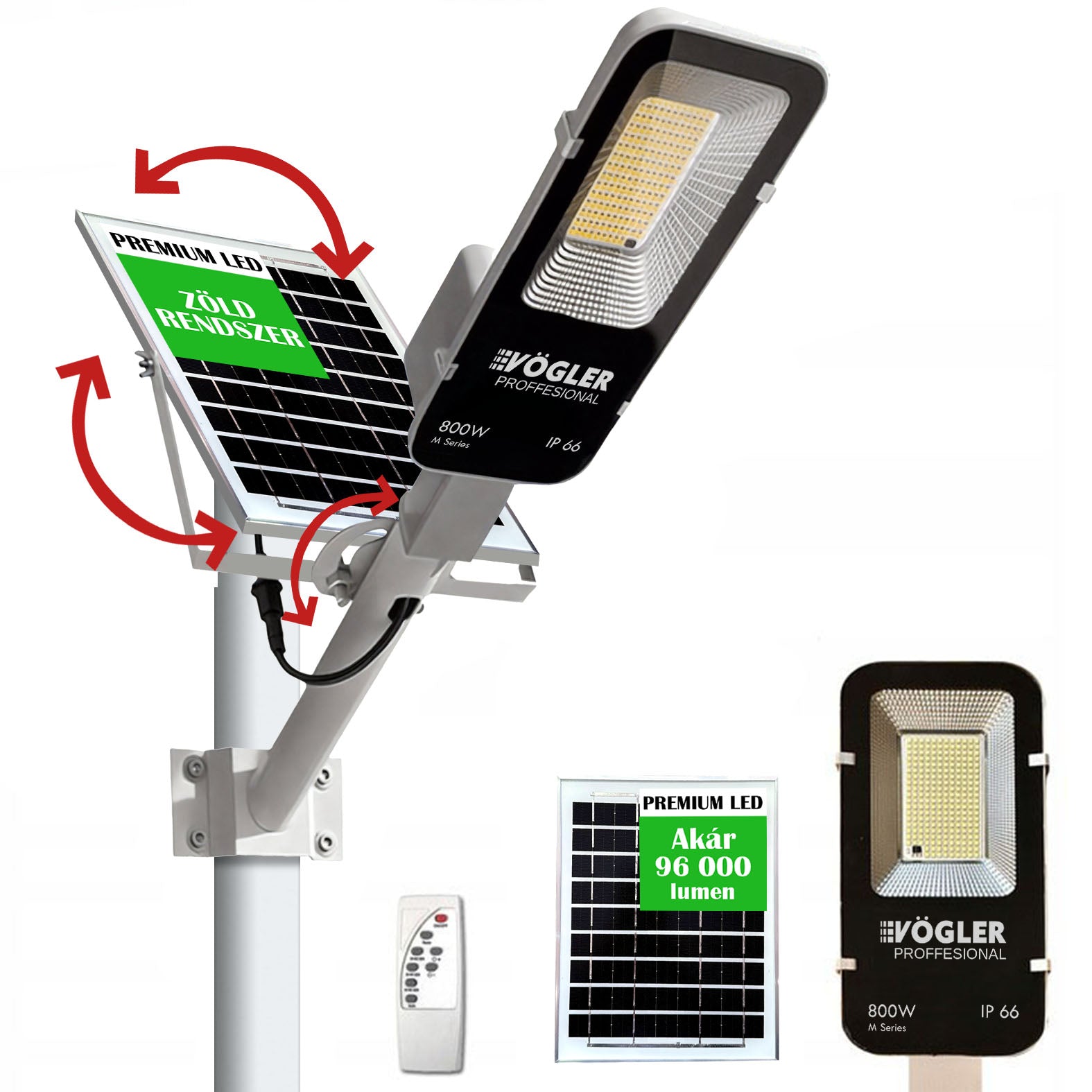 Erőteljes napelemes lámpa, alkonyatérzékelő, távirányító, Vögler Professional 800W