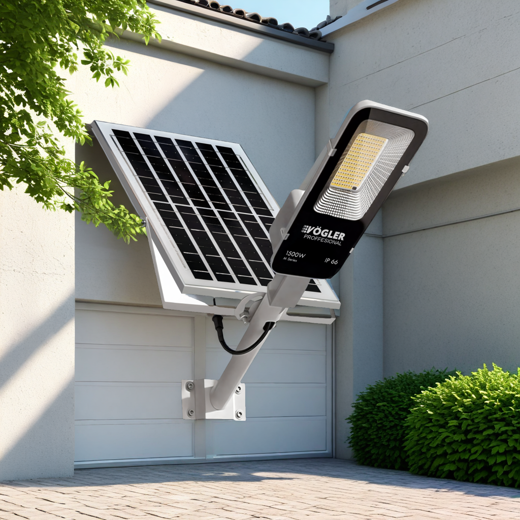 Erőteljes napelemes lámpa, alkonyatérzékelő, távirányító, Vögler Professional 1500W