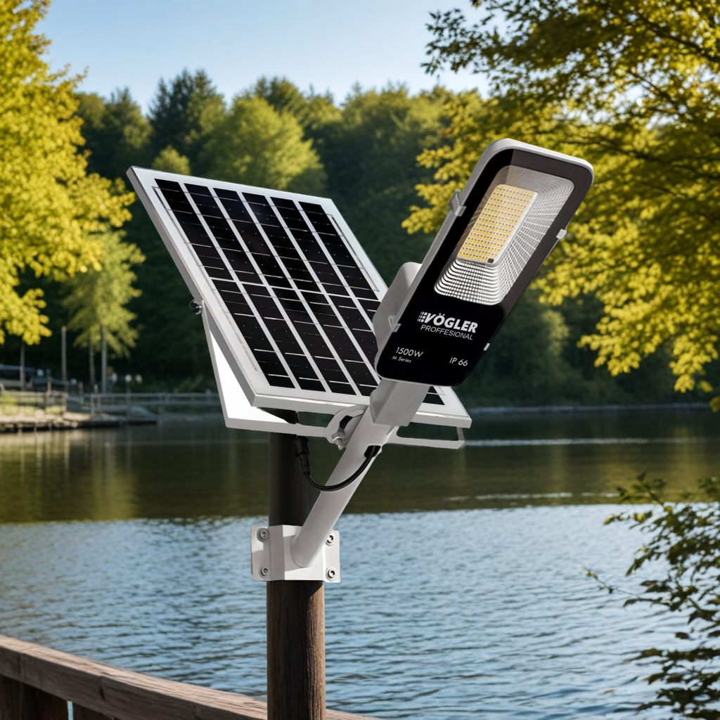 Erőteljes napelemes lámpa, alkonyatérzékelő, távirányító, Vögler Professional 1500W